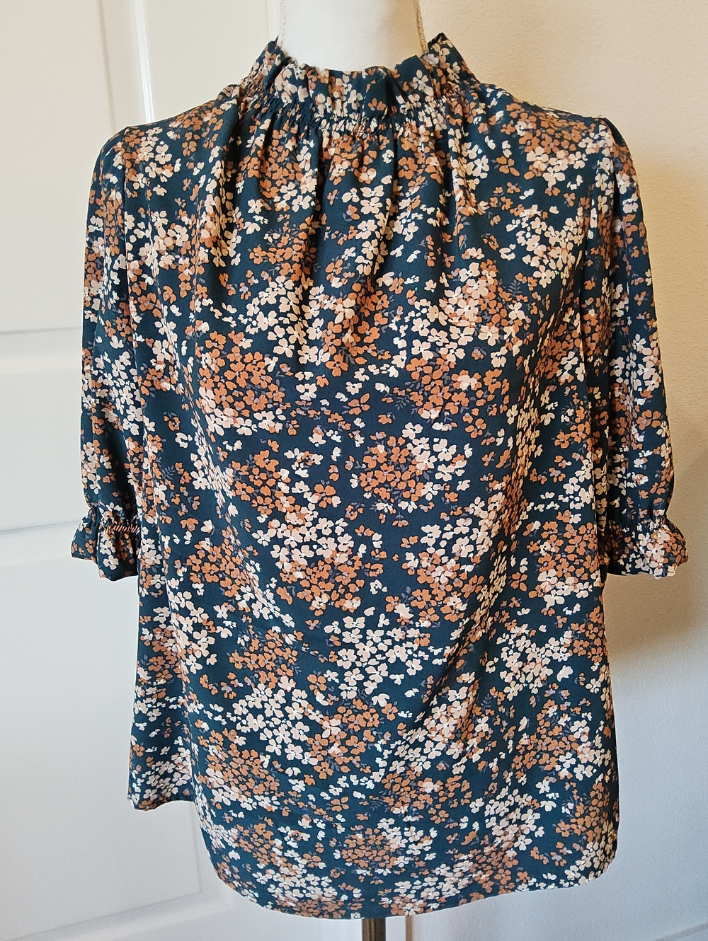 2 Hearts Women's Floral Mock Neck Blouse in Dark Teal with Peach & Cream Flowers